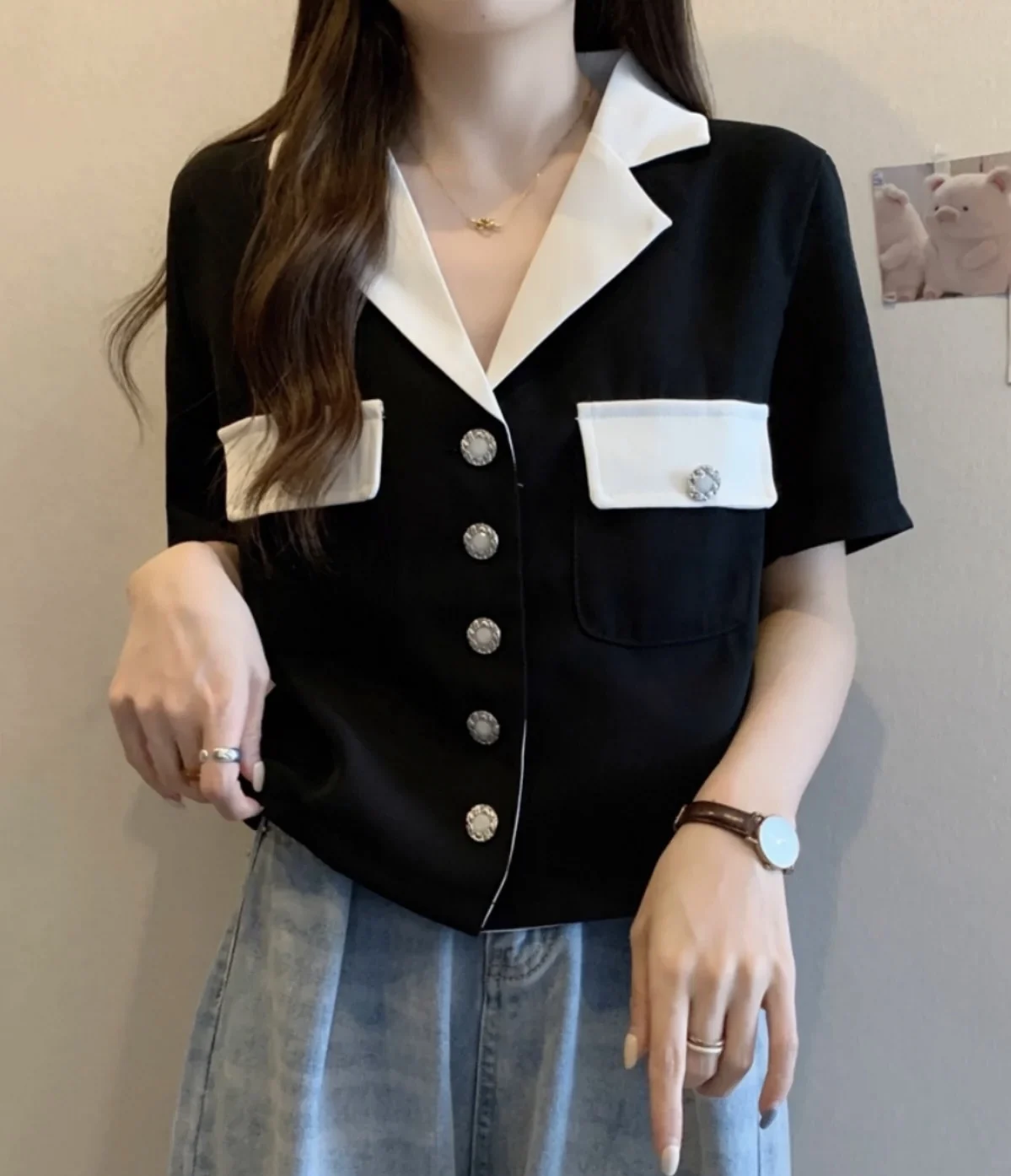 Celebrity Same Style Temperament Casual Senior Small Fragrance V-Neck Jacket Women\'s Fashion Show Thin Short-Sleeved Jacket
