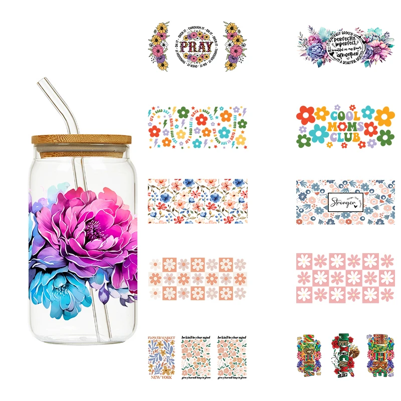 Letop 1pcs Aquarell Biene Text Blumen Glas Tasse Lehrer dtv Wrap Glas kann 16oz Liebe Blumen Mama UV Dtf Tasse Wraps