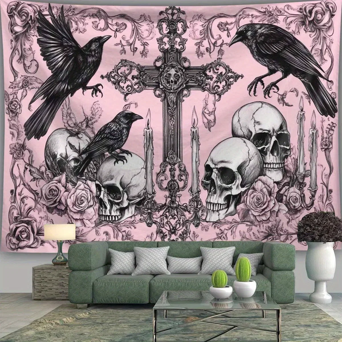 Gothic Dark Tapestry Pink and Black Color-Blocking Raven and Skull Bedroom Headboard Wall Art Theme Decor
