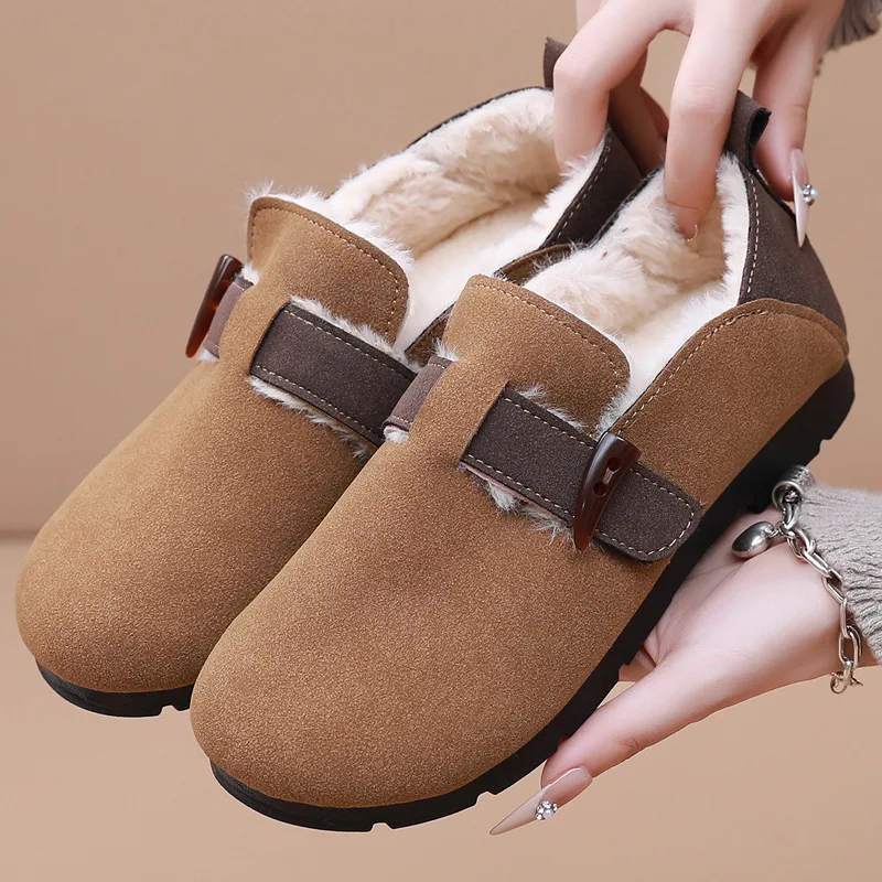 2024 autumn and winter new cashmere warm lazy slip-on women's cotton shoes retro fashion bean shoes cotton boots