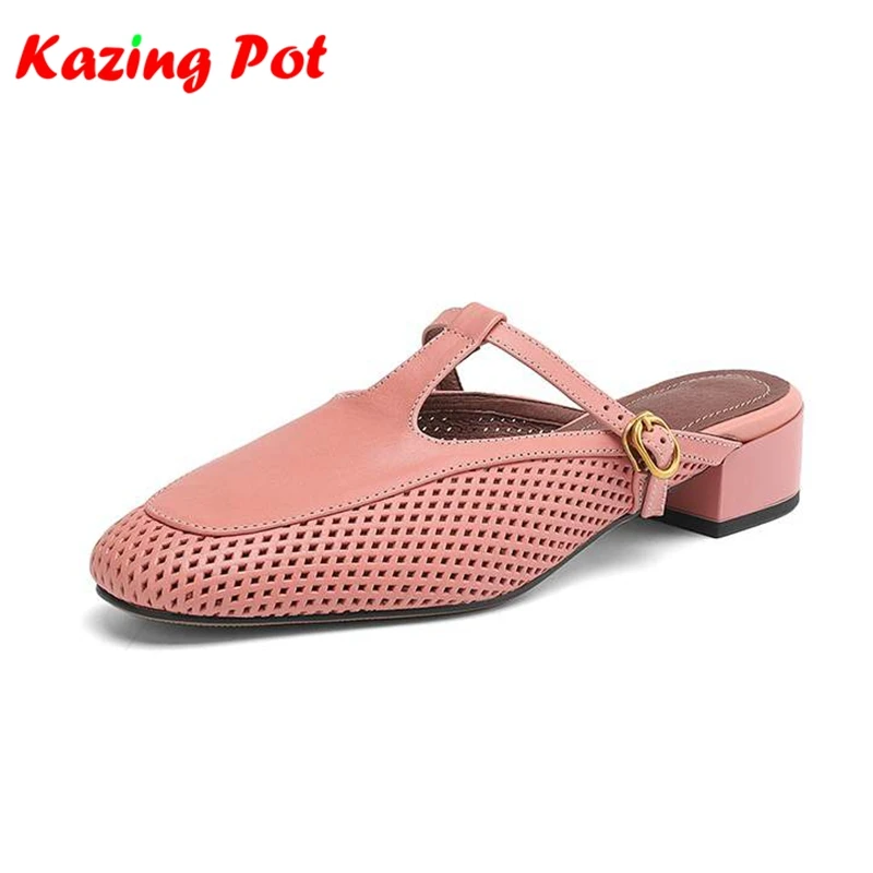 Krazing Pot Mules Full Grain Leather Round Toe Low Heels Vintage Superstar Daily Wear Pink Color Slingback Gladiator Women Pumps