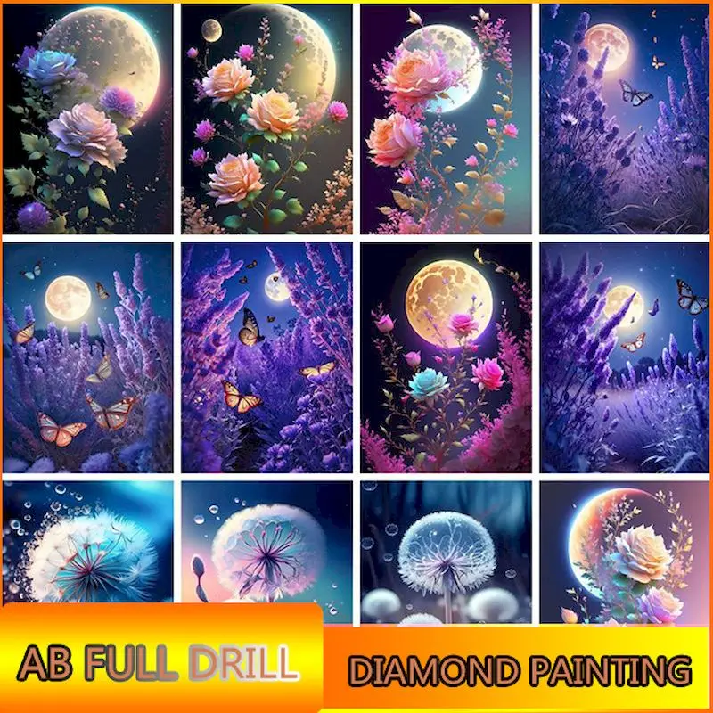 

CHENISTORY Ab Diamond Painting Full Square&Round Moon Scenery 5d Diy Diamond Embroidery Flowers Decoration Home Art Kit