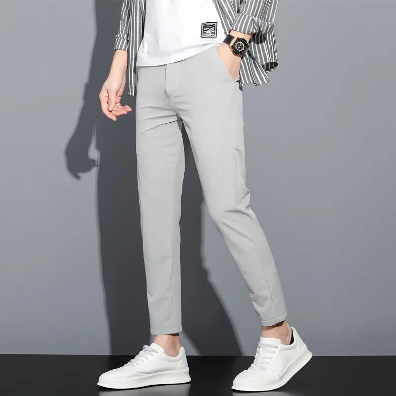 Thin Casual Male Suit Trousers Gray 9 Cropped Ice Silk Tight Cooling 2024 Work Wear Men's Summer Pants Luxury Anti-wrinkle Up