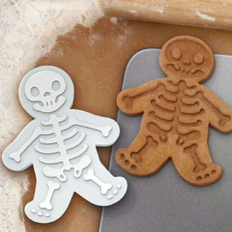 1pc Halloween Skeleton Gingerbread Man Cookie Cutter Stamp 3D Plastic Biscuit Mold DIY Baking Pastry Tool for Halloween Party