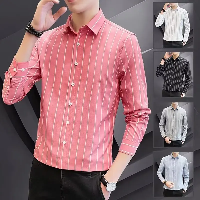 

Men's Slim Fit Long Sve Striped irt Trendy Casual Sle Polyester Fiber Spring Autumn High-End Feeling Coat Jaet