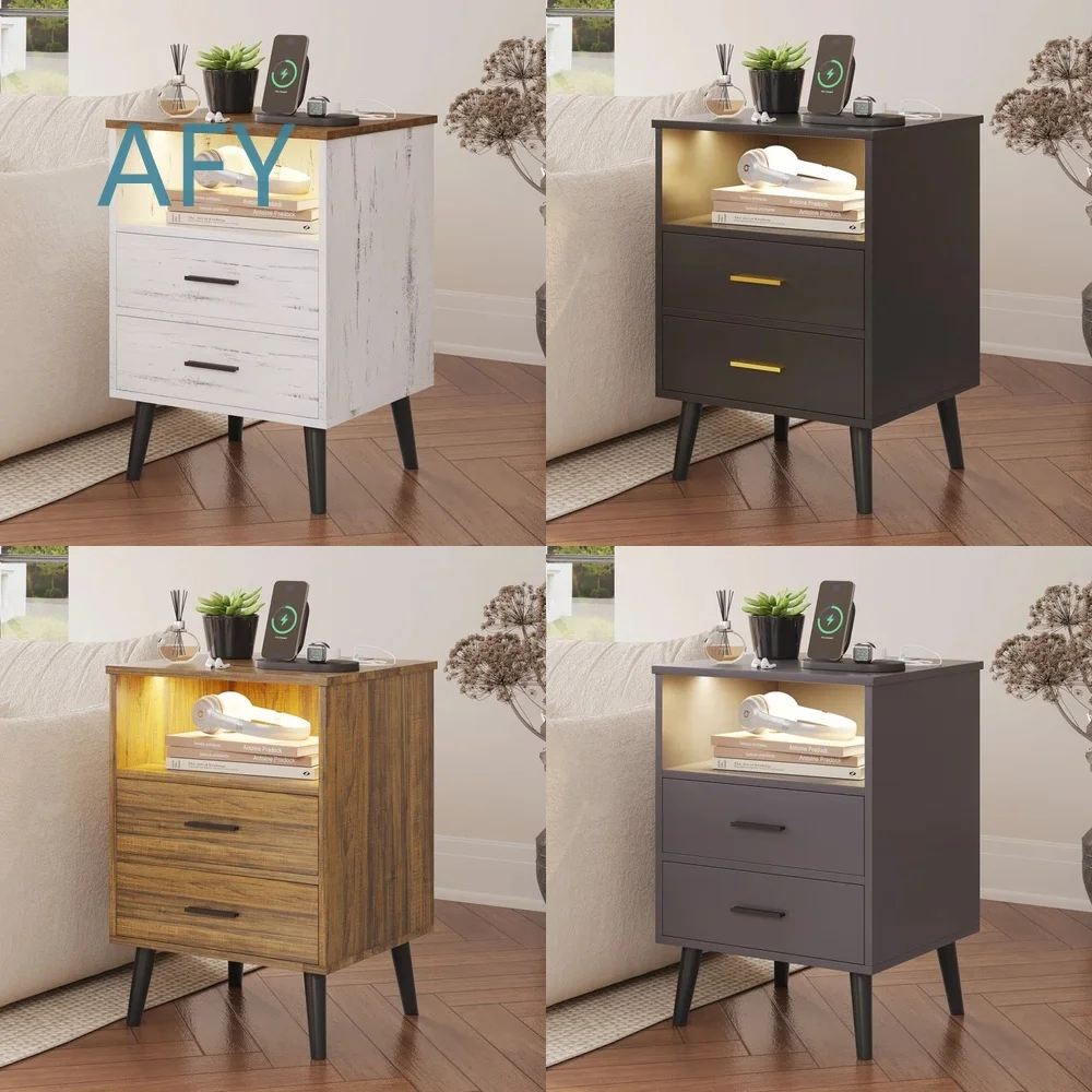 Modern Minimalist Double Nightstand with Semi-Open Shelf Built-in Socket for Sofa Edge Bedroom Use for Custom Home Decor