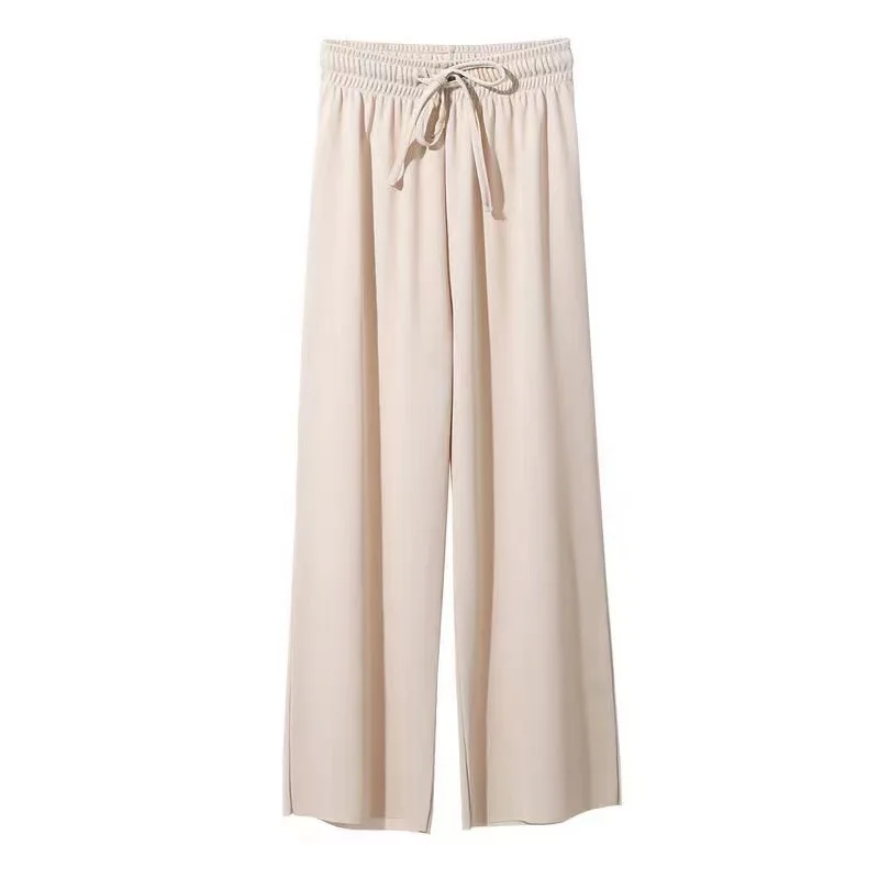 Ice Silk Wide-Leg Pants Women Cool Sweatpants Summer Thin Pleat Loose Straight Pants Office Lady Casual Drawstring Long Trousers