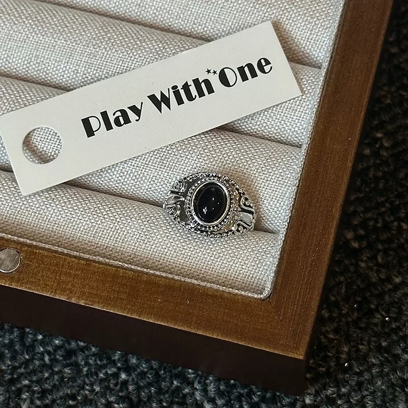 Thai Silver Black Agate Ring Retro Medieval Style Tail Rings Personality Ins Men's Women's Classical Open Size Finger Jewelry