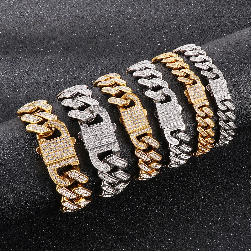 

18MM Punk Gold Color Curb Cuban Bracelet Necklace Men Women Hiphop Rock Stainless Steel Diamon Zircon Biker Bike Bangle Jewelry