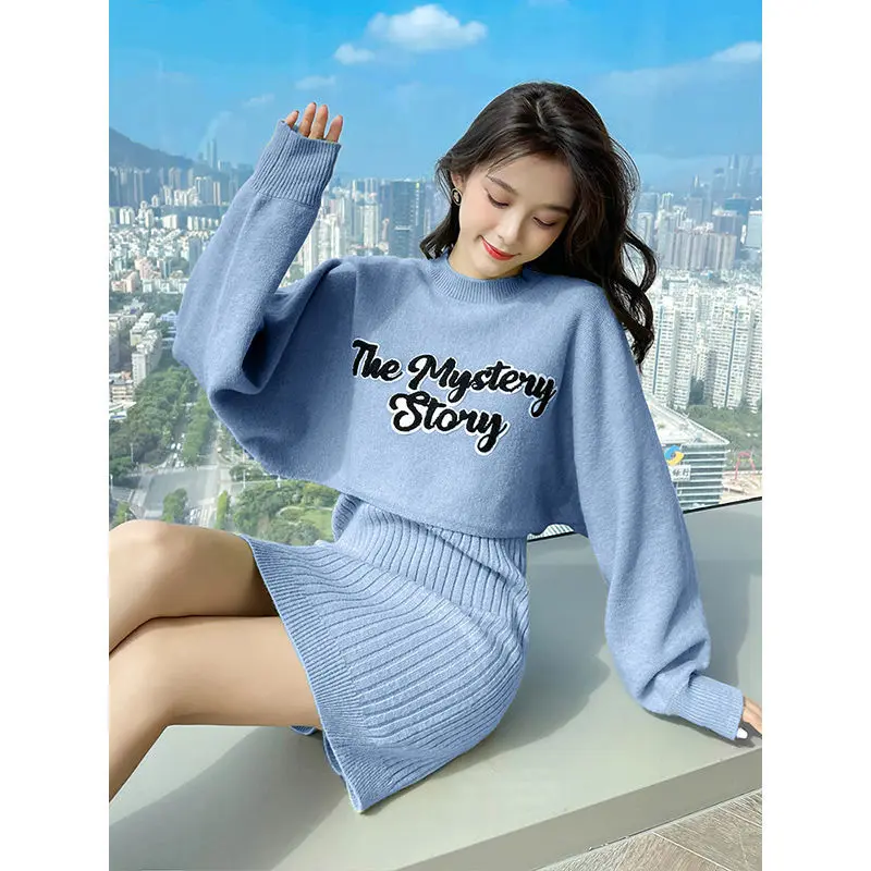 Sweater Matching Sets Spring Autumn Fashion Letter Knit O-Neck Tops Mini Sexy V-Neck Sleeveless Dress 2 Piece Suits 2023 Outfits