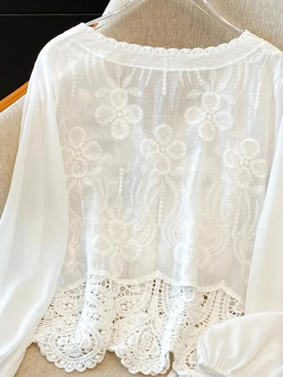 Summer 2026 Lace Embroidered Open Cardigan V-Neck Loose Fit Long Sleeve Women's Shirt Casual Style Polyester Fiber Soft Hand ...