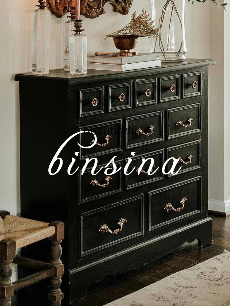 ] Black Chest of Drawers/Solid Wood Drawers/Classical Storage/French Side Cabinet