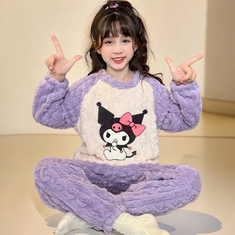 Kawaii 2Pcs Kuromi Melody Children Plush Pajamas Anime Sanrios Flannel Autumn Winter Cartoon Fashion Girl Thicken Warm Homewear