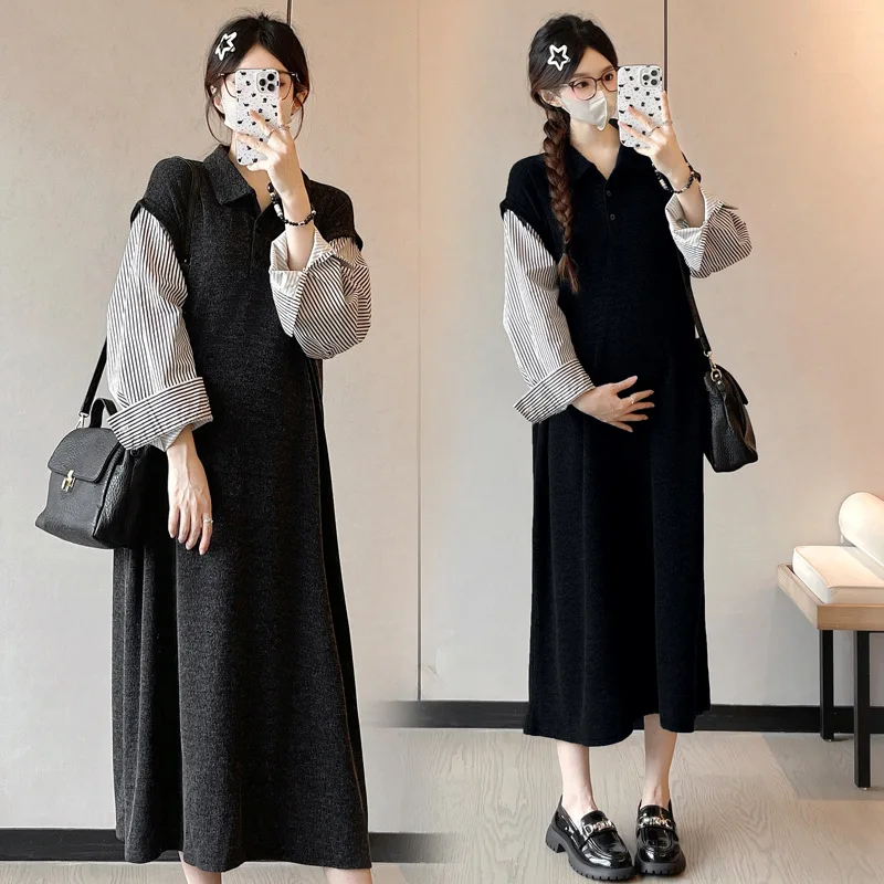 2025 جديد الخريف فستان حمل وهمية قطعتين بولو طوق مخطط كم طويل فستان محبوك الفرنسية عادية فضفاض #4