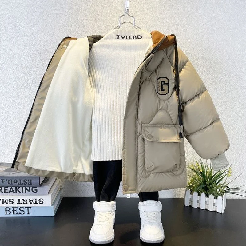 -30℃ Teen Boys Jacket Winter Patchwork Lambskin Waterproof Lining Plus Velvet Thick Warm Hooded Parka For 4-10Y Kids Cotton Coat