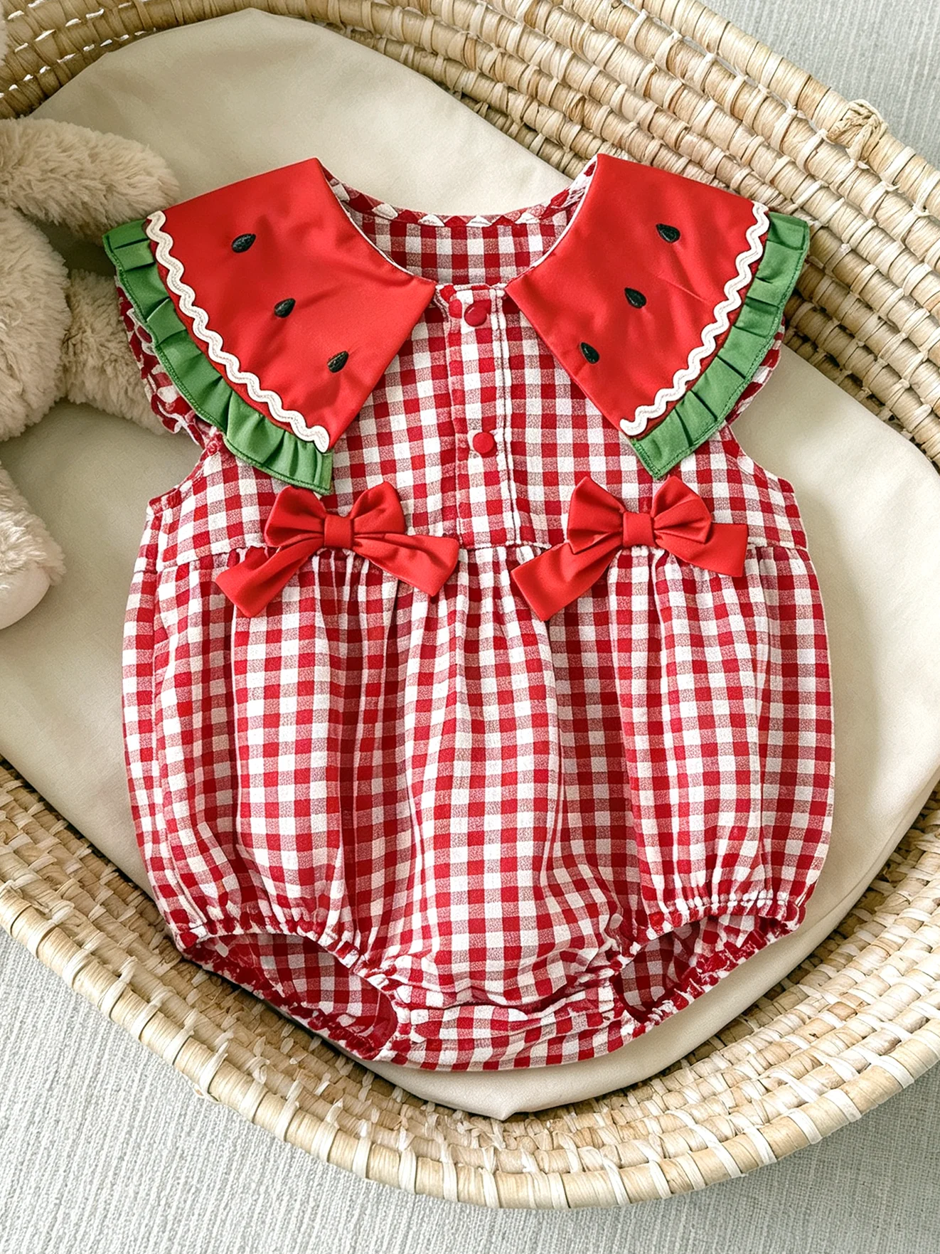 Mädchen-Strampler mit Wassermelonenkragen und Schleife, rot-weiß kariert, ärmellos, niedlicher Baby-Strampler mit Fruchtprint für Sommerpicknicks – Detail 2