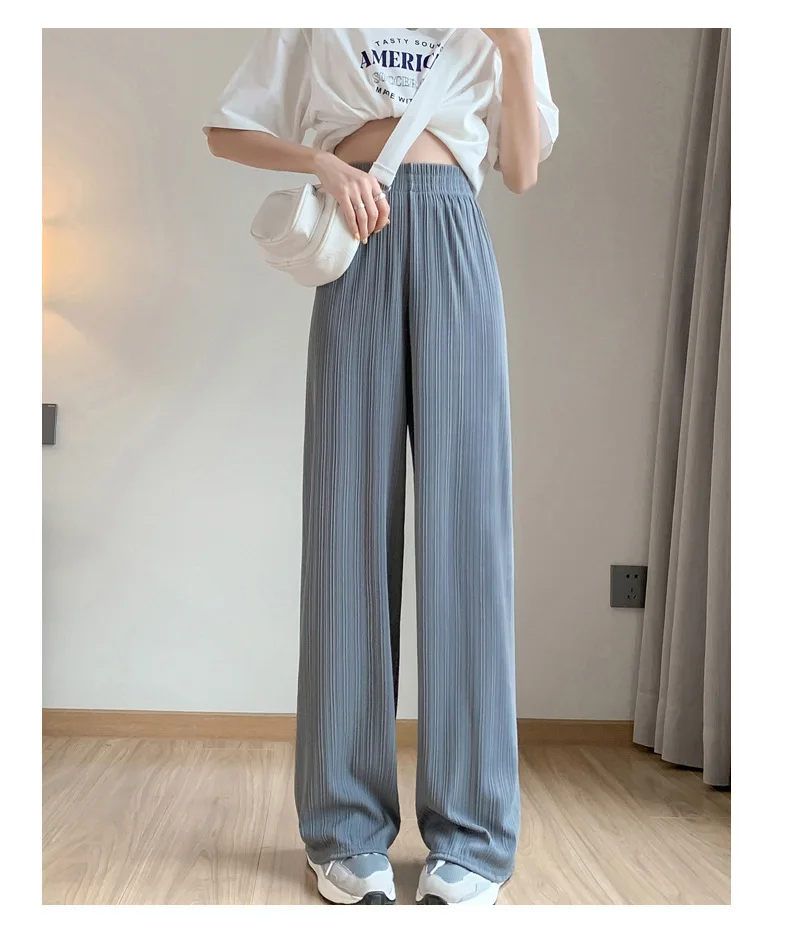 Damen-Hose aus Eisseide mit weitem Bein, Sommerhose mit hoher Taille und vertikalen Streifen, lockere, gerade geschnittene Hose in Bodenlänge, lässige, kühle Hose, schmale Passform. – Detail 11