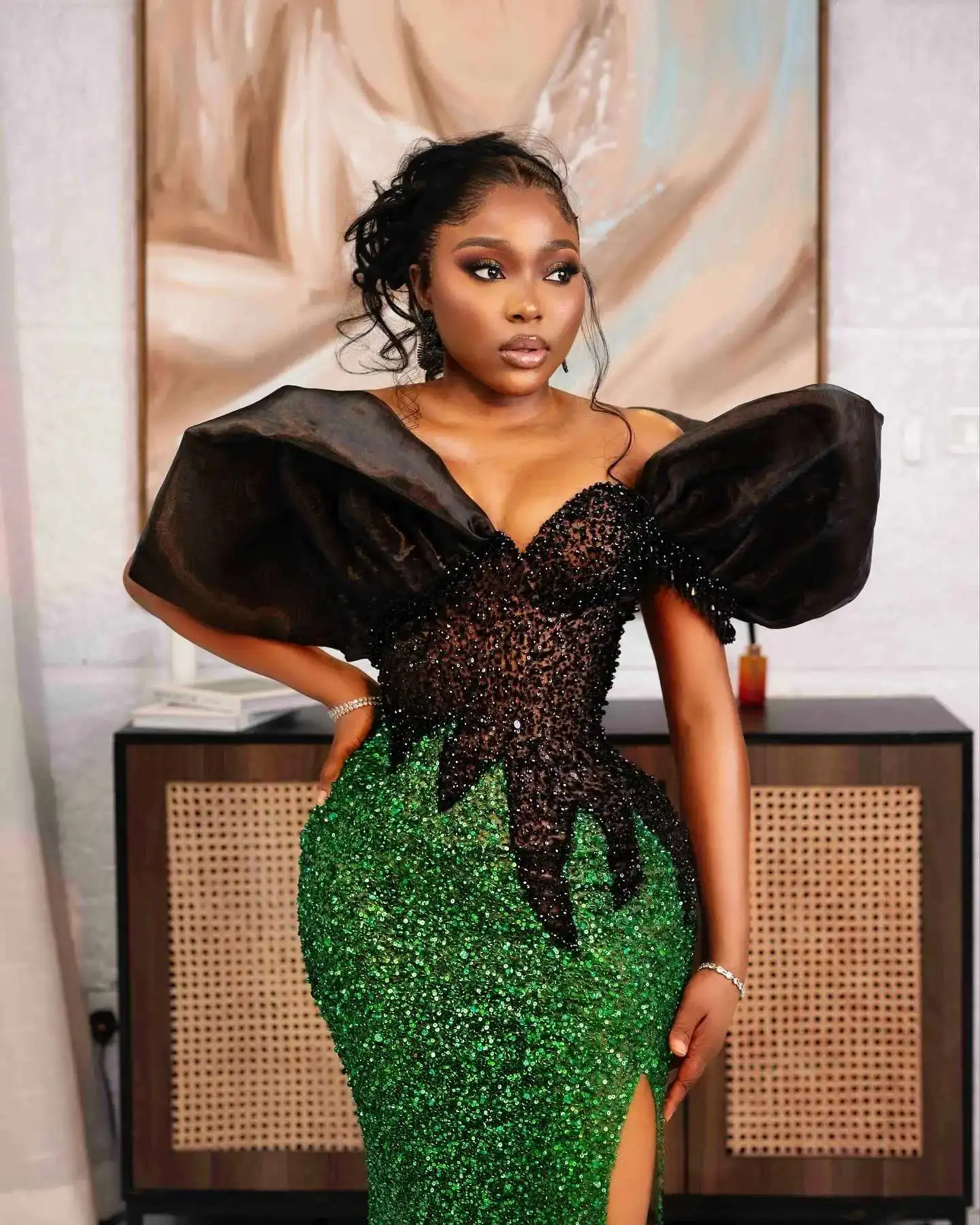 Fabulous Aso Ebi Style Evening Dresses Green and Black Sequins Puffy Off the Shoulder African Birthday Party Dresses Prom Gown