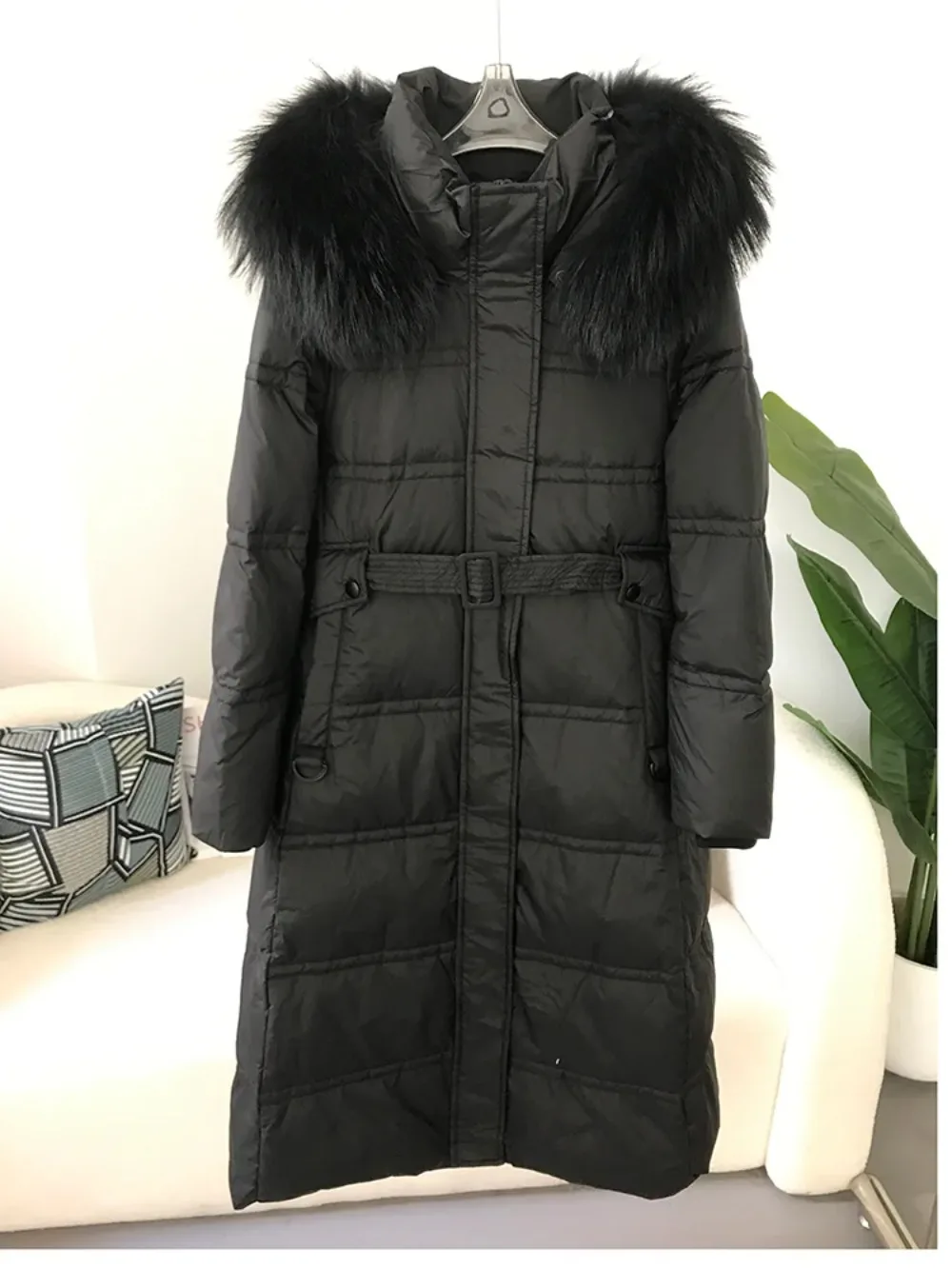 White Duck Down Coat Long 2024 Natural Fox Fur Collar Jacket Women  Winter Real Raccoon Thick Warm Belt Outerwear Streetwear