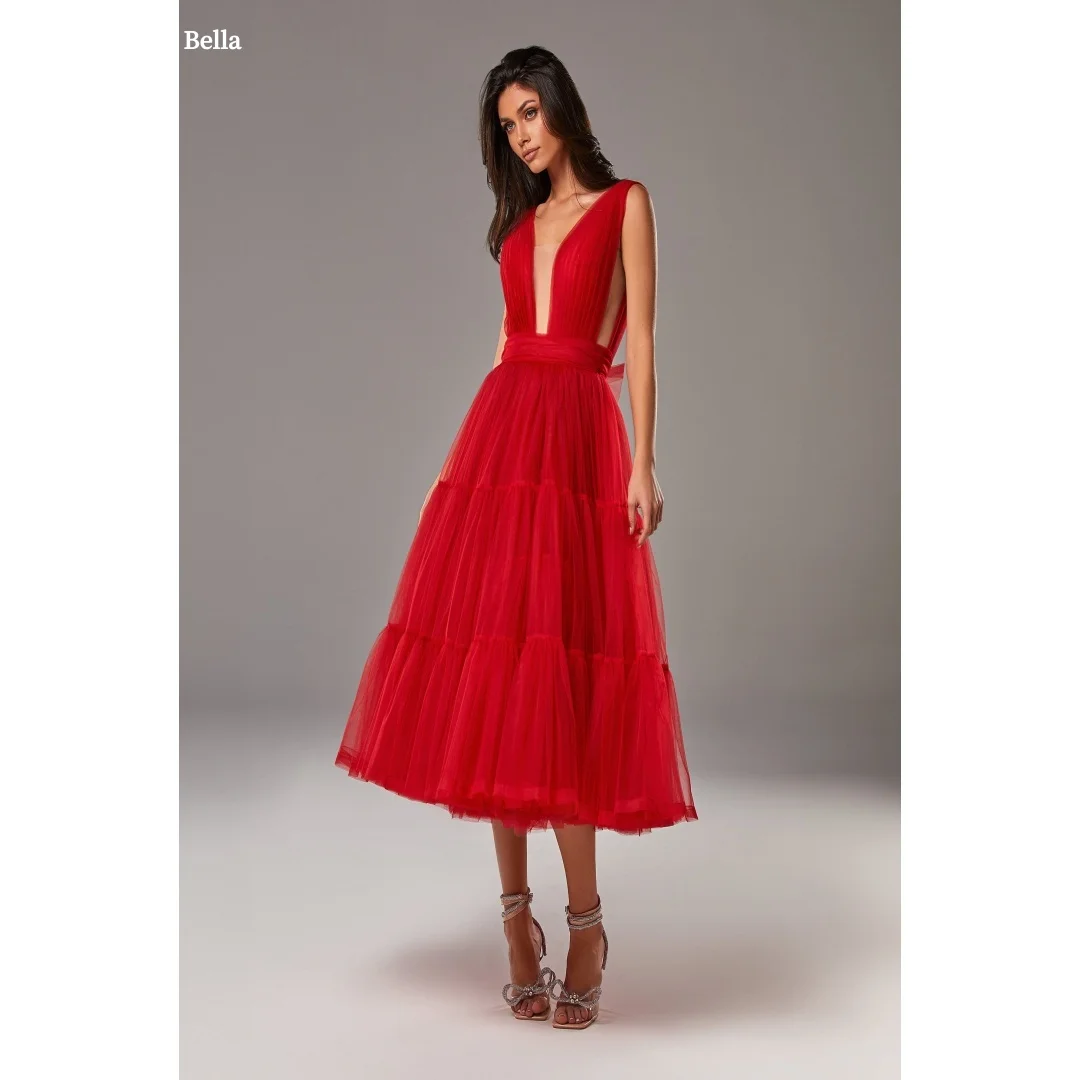 

Bella Customized Red V Neck Multi-Layered robes de soirée Backless Sleeveless Party Dresses Ankle-Length A-line Prom Dress 2025