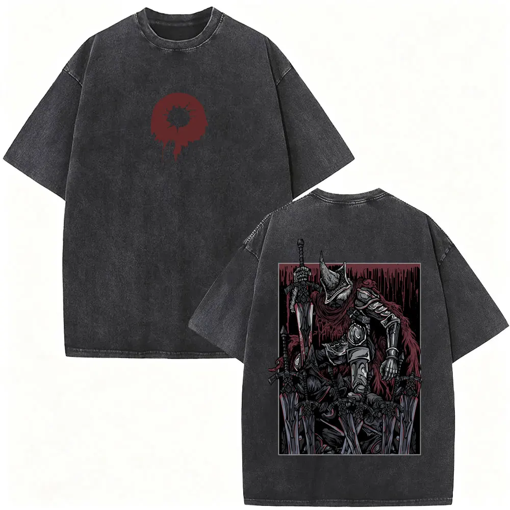Dark Souls High Lord Wolnir Skelett Vintage Washed T-Shirt für Männer und Frauen, Retro Gothic Rock Streetwear, Übergroße T-Shirts für Männer – Detail 7
