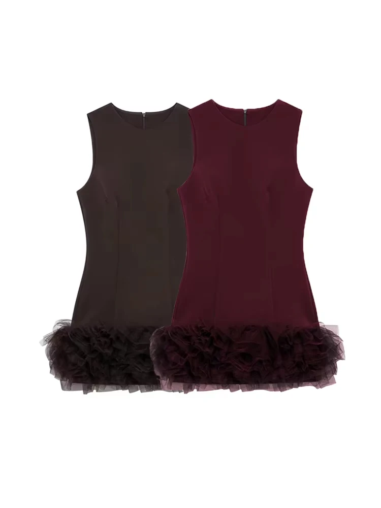 Wome moda con tul Mini vestido cuello redondo sin mangas espalda cremallera Vestidos Mujer Vestidos Mujer