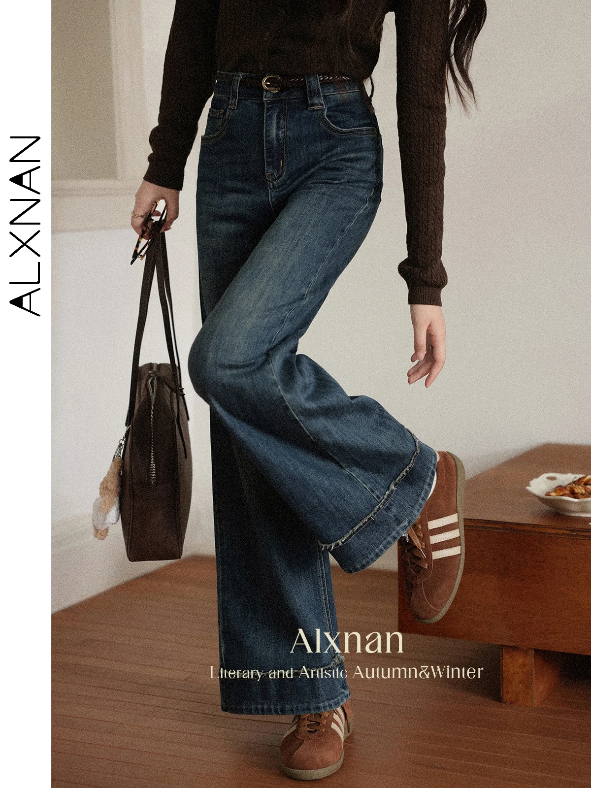 

ALXNAN Baggy Jeans Vintage Dark Blue Wide-leg Women's Jeans Fall Straight High-waist Baggy Pants Cotton Female Trousers L56809