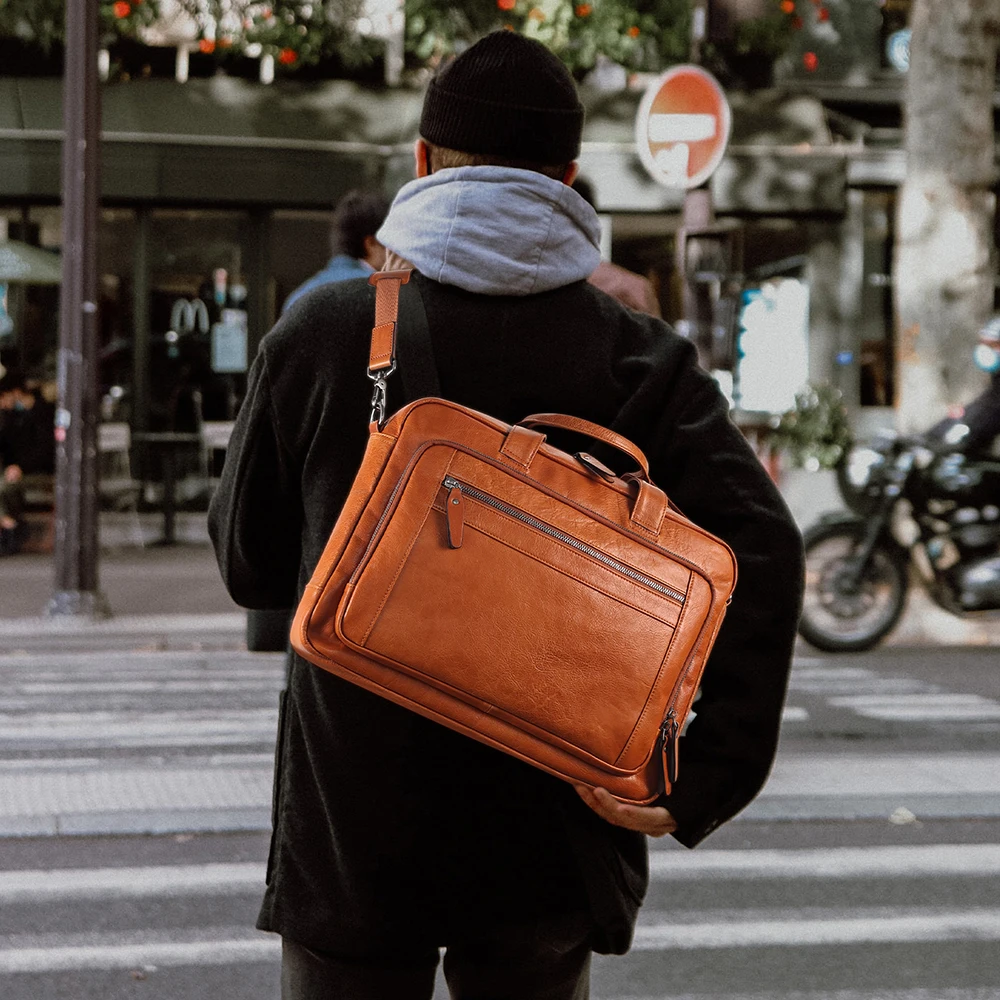 Maleta de couro genuíno vintage masculina, bolsa de couro comercial, grande capacidade, bolsa de computador, europeia e americana, nova, 15,6"