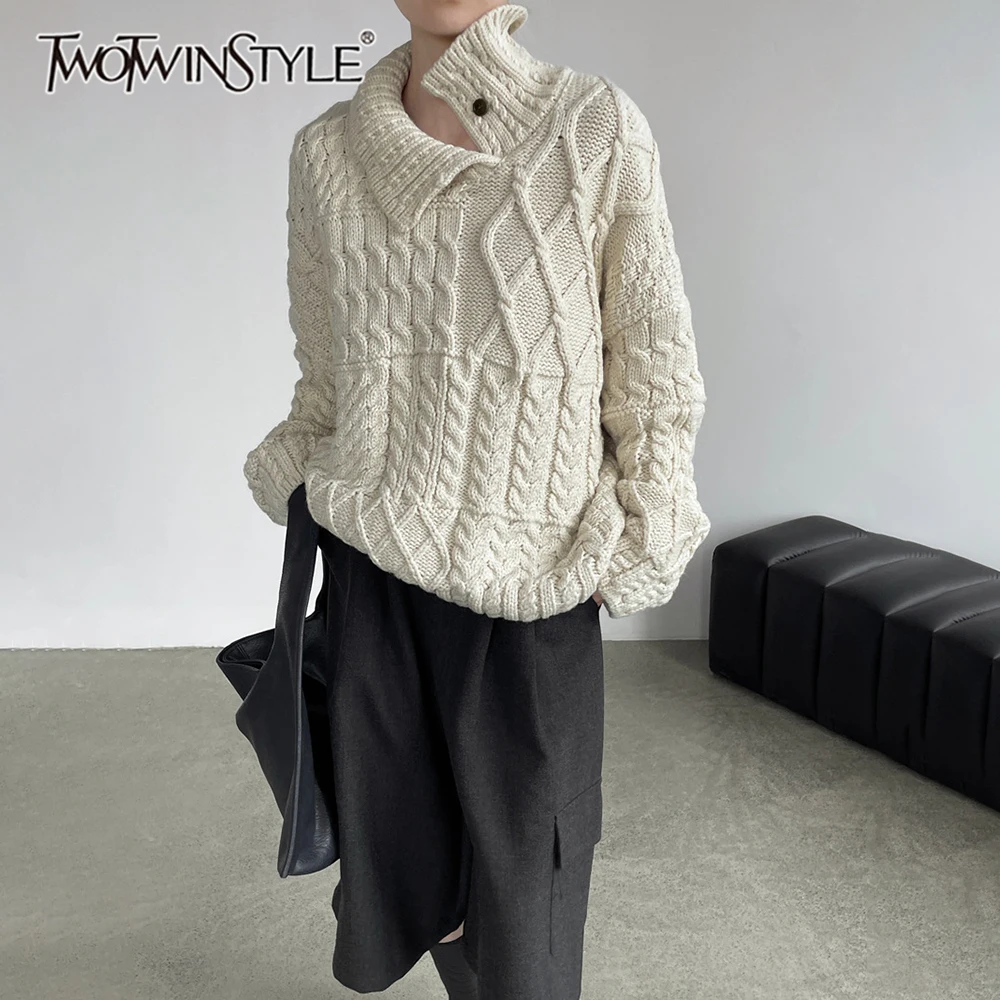 TWOTWINSTYLE Solid Spliced Knitting Loose Sweater for Women High Collar Long Sleeve Patchwork Button Casual Sweaters Female New
