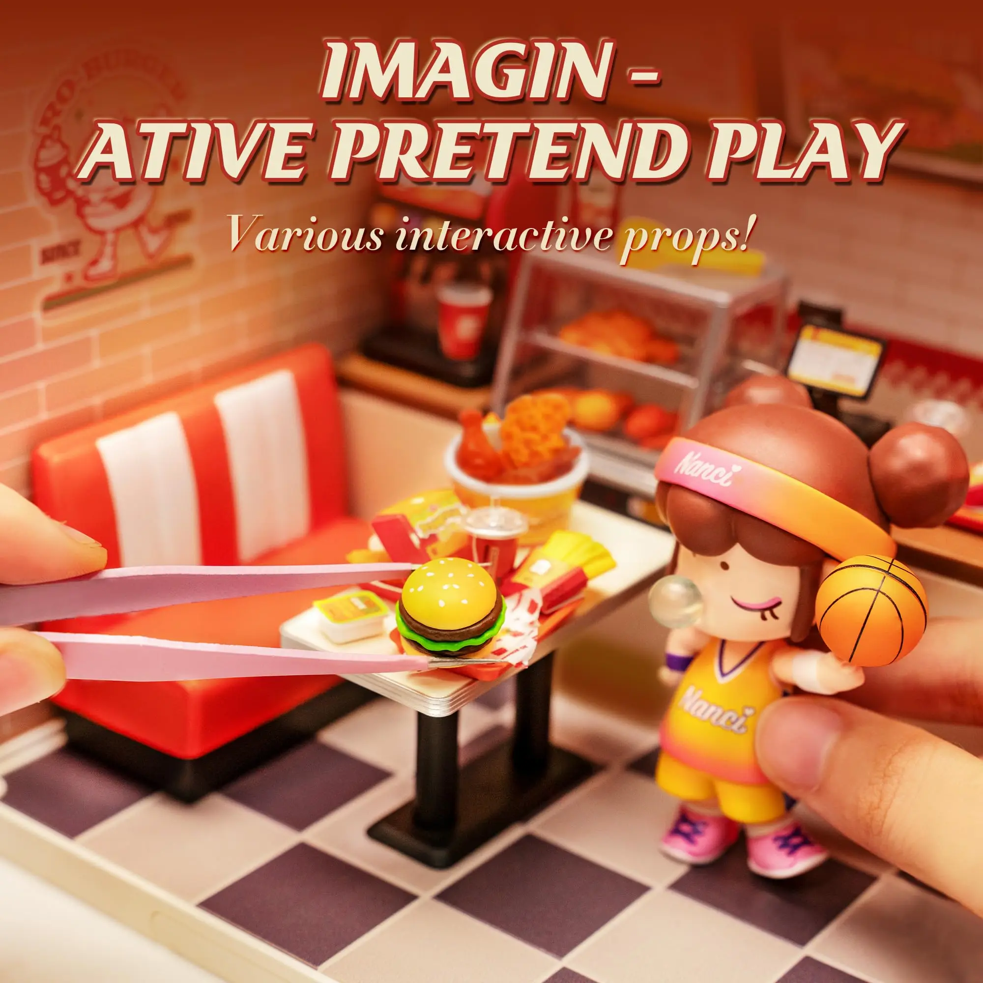 Robotime Rolife Puppenhaus-Baustein-Sets für Kinder, Yum Burger, gemütliches Cheers Bar, süße Sips, Tee, Kunststoff-Bauset