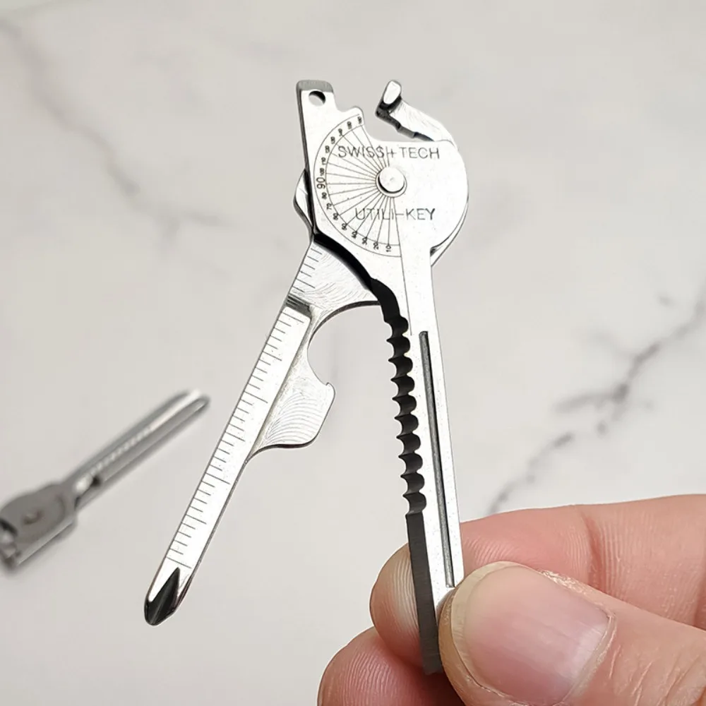 พวงกุญแจอเนกประสงค์แบบพกพา สแตนเลส 8-in-1 ชุดเครื่องมือพับได้สำหรับเอาตัวรอด ดีไซน์พับได้อเนกประสงค์