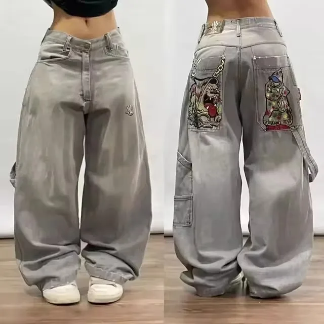 Y2k Streetwear Punk Hip Hop Jeans West Coast Workwear Ripped Rap Style Loose Wash Plus Size Clothing Men Mopping Pants