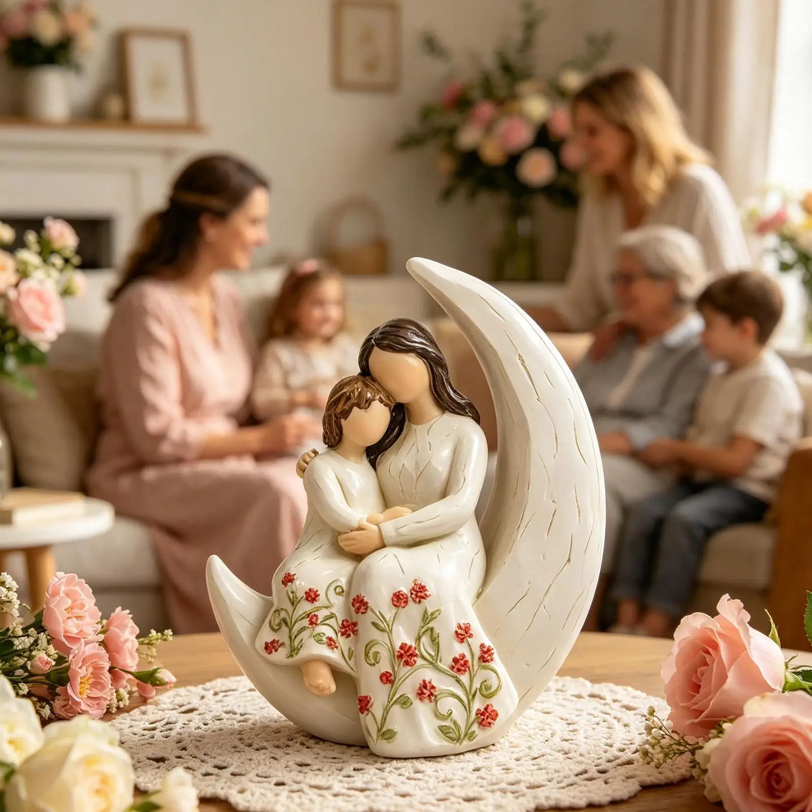 Mom And Daughter Statue Faceless Design Hugging Sculpture Mothers Day Figurine For Lady Grandma Female Bookshelf Cabinet Home