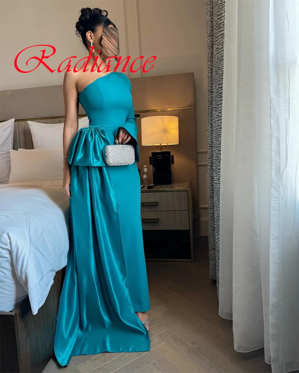 カスタマイズされたクラシックブルージャージイブニングドレス繊細なワンショルダーフレアスリーブハーフスリーブジッパーバック特別な日のガウン