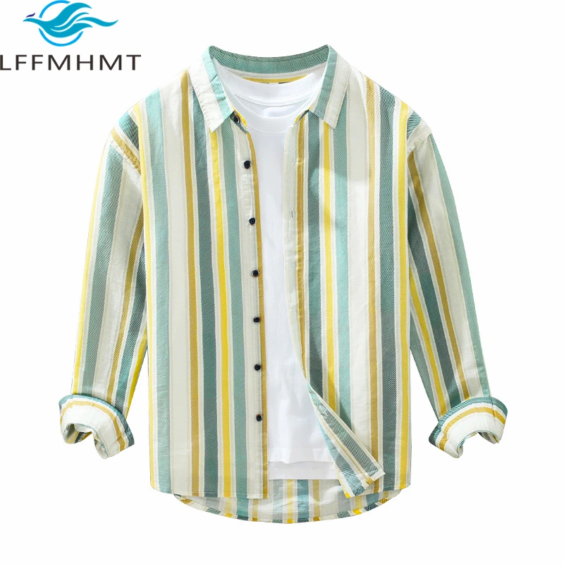 

2057 Japan Fresh Style Cotton Men Linen Striped Shirt Spring Summer Fashion Healthy Breathable Cozy Soft Blouse Teens Daily Tops