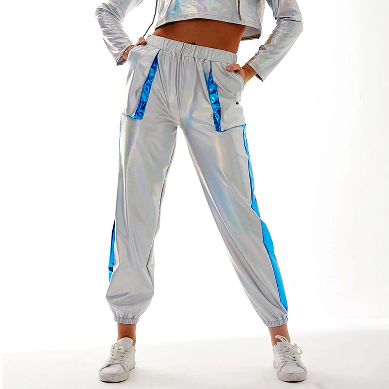 Women Shiny Patchwork Joggers Trousers Metallic Sweatpants Party Hip Hop Pants Holographic Jazz Dance Performance Street Wear
