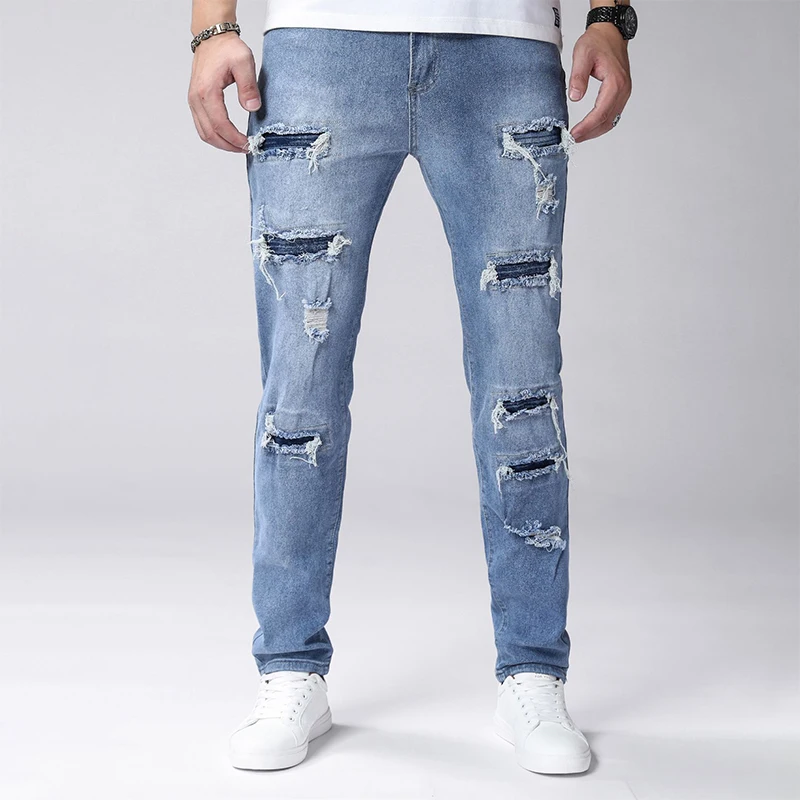 Men's Autumn Light Blue Skinny Ripped Jeans Medium Elasticity Vintage Wash Pants Trendy Streetwear Casual Daily Fashion Trousers