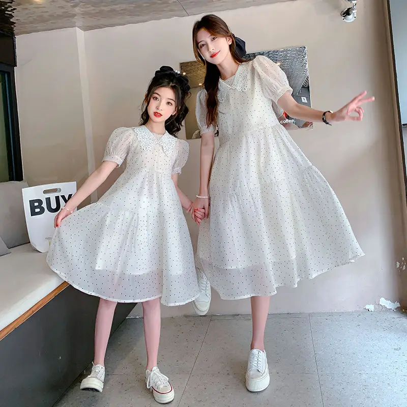 Mom and Daughter Matching Elegant Dress Women Baby Girl Summer Dot One Piece Princess Dresses Sweet Mother and Me Clothes