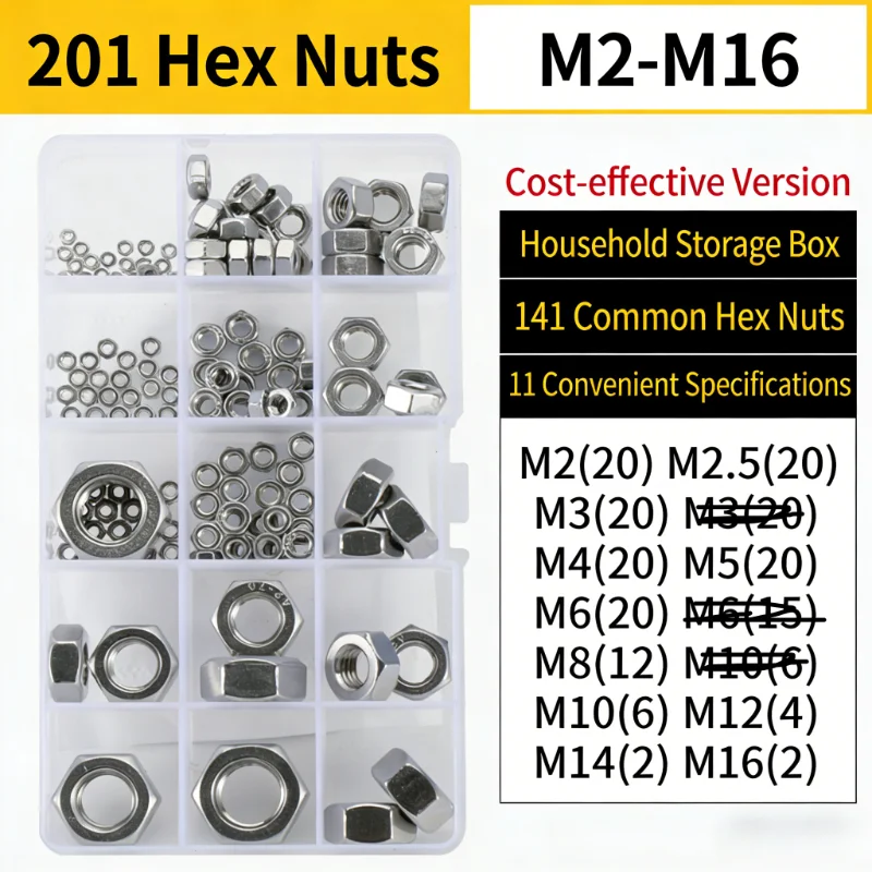 1 Set Mix M2 M2.5 M3 M4 M5 M6 M8 M10 M12 M14 M16 Hex Hexagon Nut Kit Box 304/316/201 Stainless Steel
