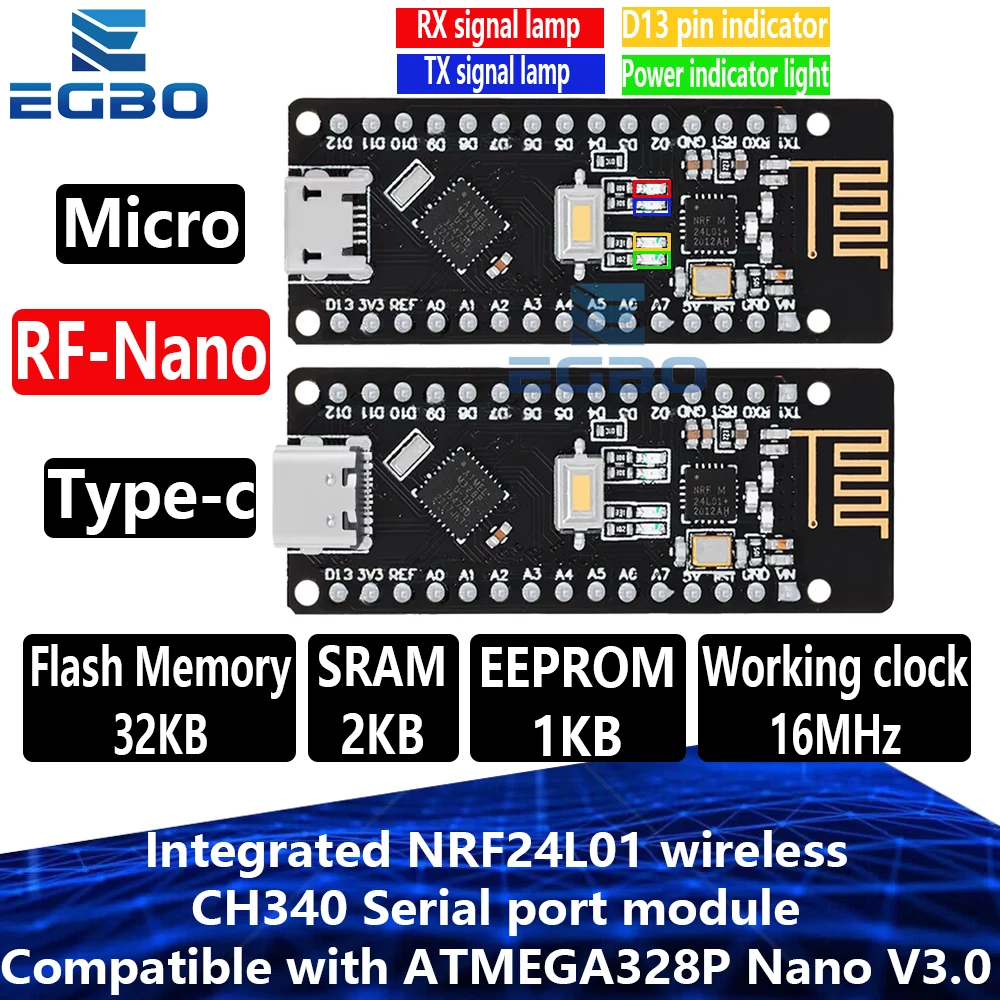 1PCS RF-Nano Nano V3.0, Micro USB Nano Board ATmega328P QFN32 5V 16M CH340, Integrate NRF24l01+2.4G wireless for Arduino