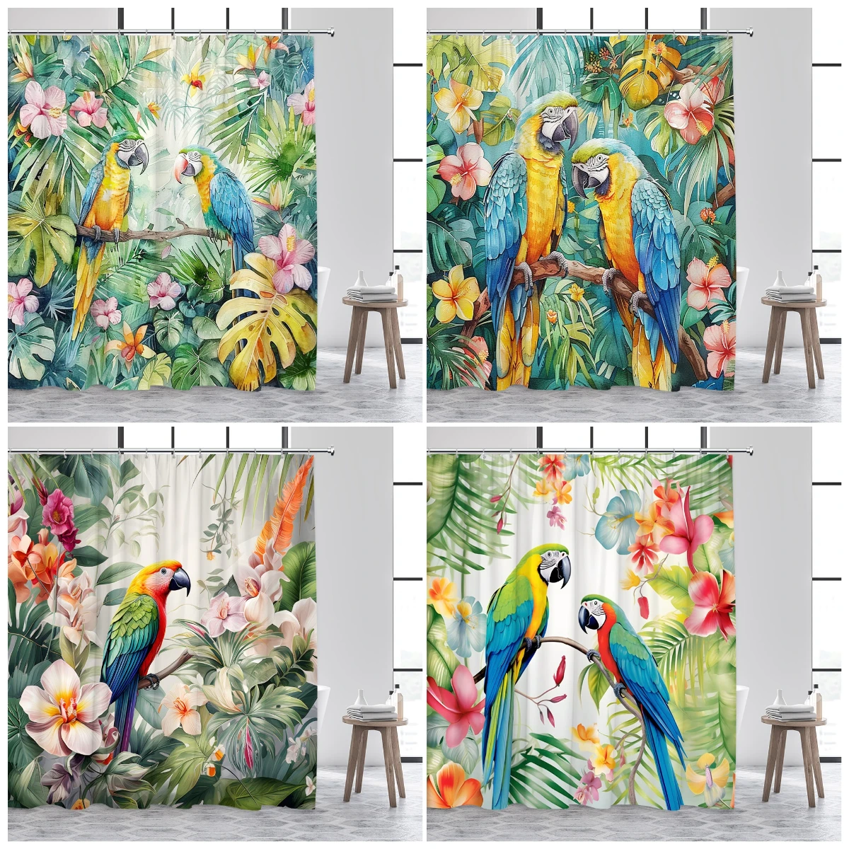 Parrot Shower Curtains Tropical Monstera Palm Leaf Watercolour Floral Plant Leaves Bath Curtain Fabric Bathroom Decor with Hooks