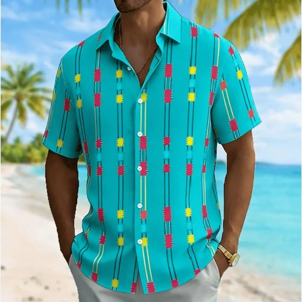 Men's Color Block Geometric Vertical Stripe Print Short Sleeve Shirt Summer Casual Turn-Down Collar Blouse Loose Fit Top