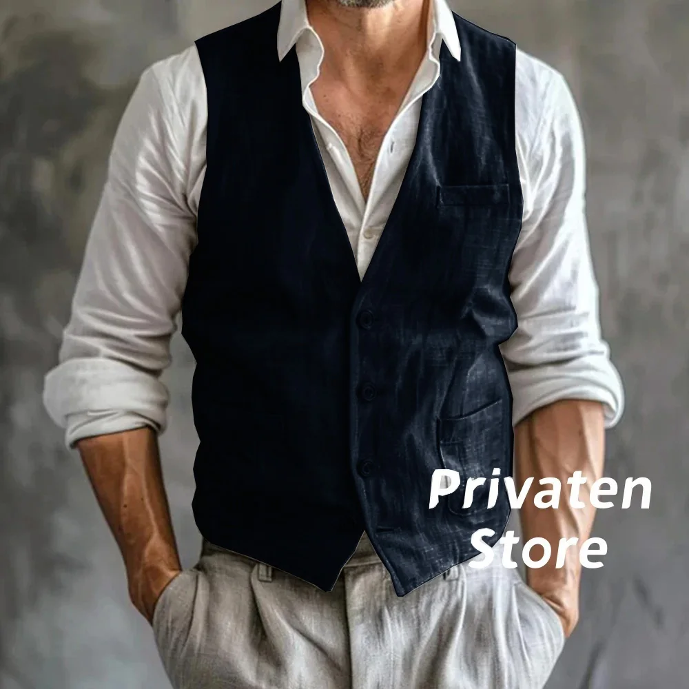 Men's Linen Vest High-Quality Gray Cool Breathable With Pockets Summer Male Gilet Formal Mens Waistcoat Sleeveless Man Work