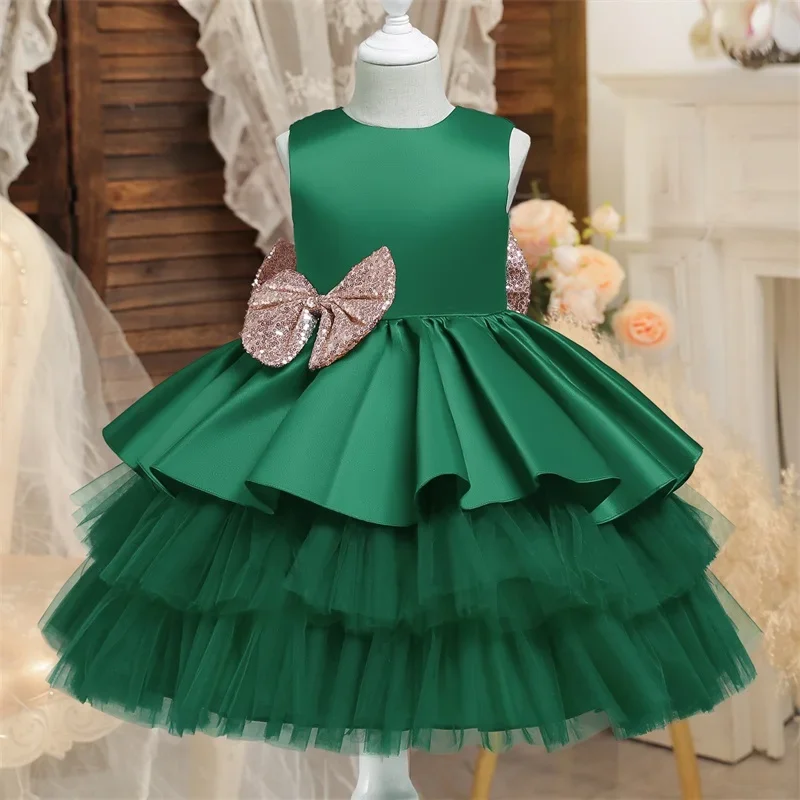 Baby Girl Sequin Bow Dresses Infant Baptism Gown Toddler Kids Wedding Dress Elegant Birthday Princess Party Formal Gala Costume