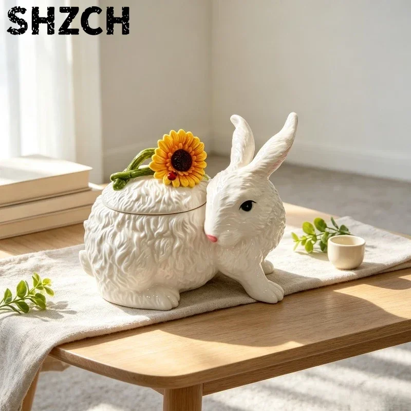 Easter Ceramic Storage Canister Jar, Sunflower Bunny Cookie Container for Kitchen Decor, Cute Holiday Gift Box with Lid.