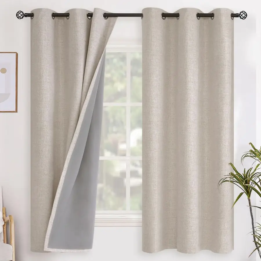 

Oatmeal Linen Blackout Curtains 63 Inch Length for Bedroom, Room Darkening Window Drapes with Grommet Thermal Insulated for Farm