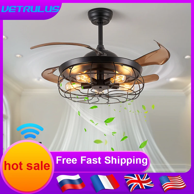 

Retro Ceiling Fan With light Led Lamp Pendant Fan 42" Remote Control Modern Chandelier RC Home Decor Living Dining Room Fixture