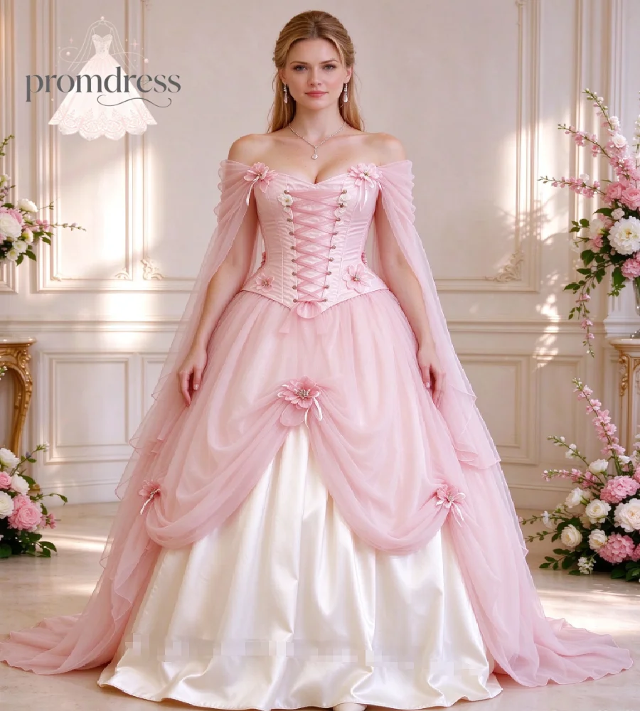 Lavender Rococo Celtic Prom Dress Flared Bell Long Sleeves 3D Purple Flower Draped Tulle Fairy Cinderella Evening Gowns Medieval - view 4