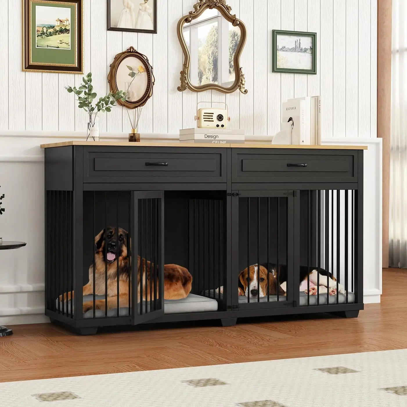 

72" Wooden Large Dog Kennel with Drawers & Divider, Heavy Duty Indoor Dog Cage with Double Rooms for Large Medium Small Dogs