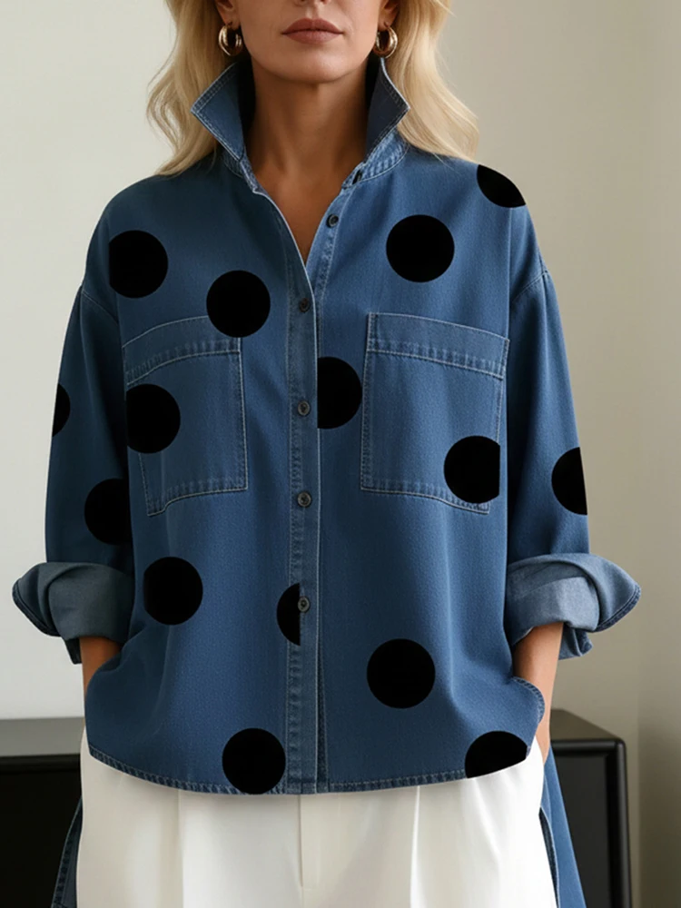 

Vintage Polka Dot Printed Lapel Denim Shirts Casual Women Long Sleeve Loose Commute Jacket Spring Summer Single Breasted Blouse